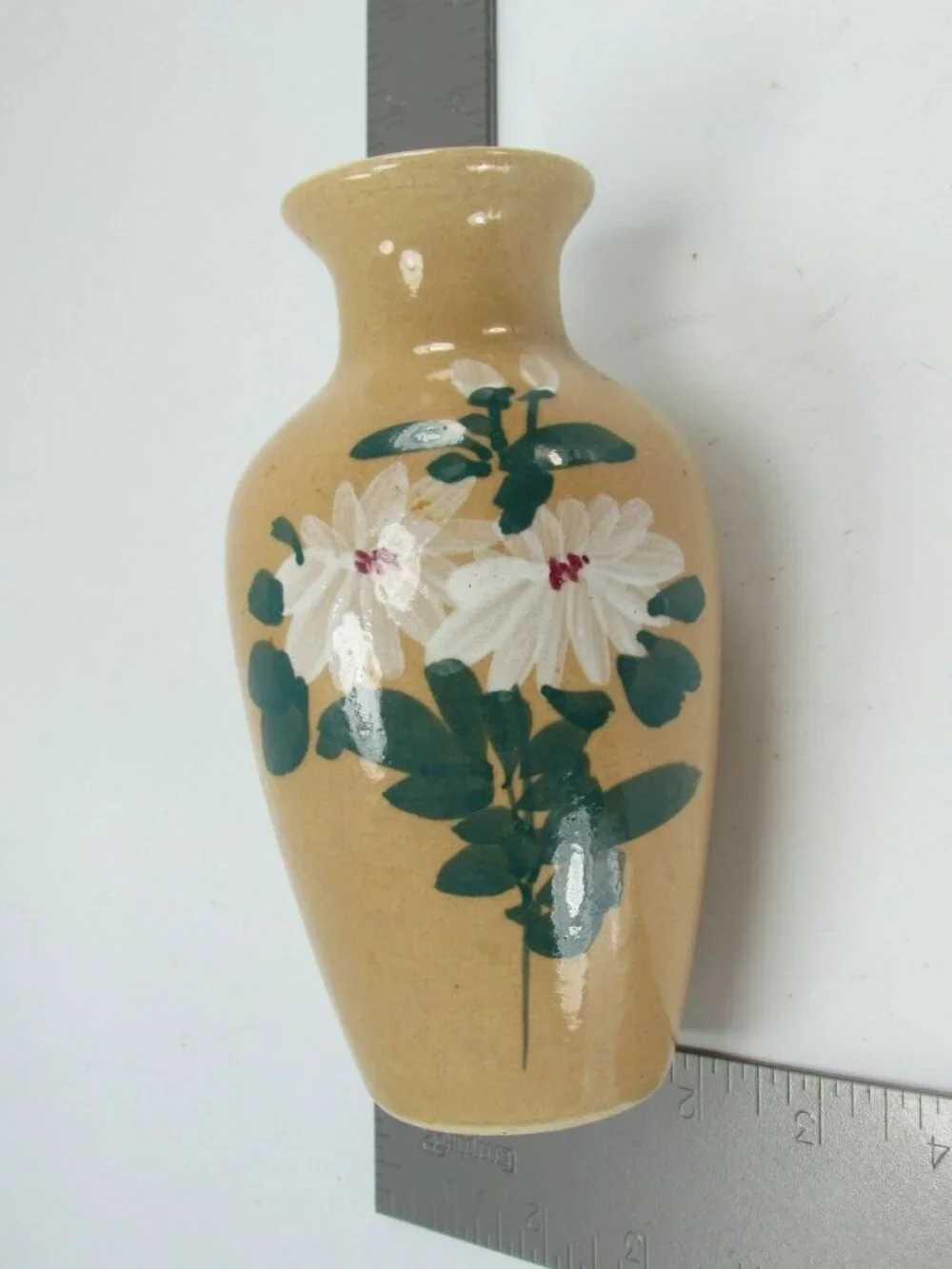 Vintage Daisy Floral Vase Beige Tan Handpainted Hand Painted 31396